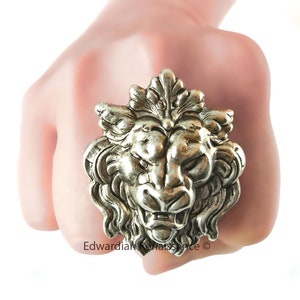 Antiqued Sterling Silver Lion Head Ring: Adjustable Gothic Statement Ring