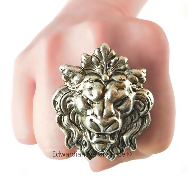 Large Lions Head Ring plated in Antiqued Sterling Silver Gothic Victorian Gargoyle Leo Statement Ring with Adjustable Band