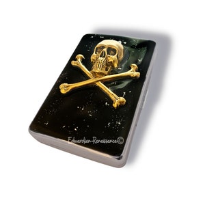 Antique Gold Skull and Crossbones Cigarette Case Inlaid in Hand Painted Black with Silver Splash Ename with Personalized and Color Option