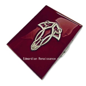 Art Deco Design Metal Cigarette Case Inlaid in Hand Painted Glossy Ox Blood Enamel with Personalized and Color Options