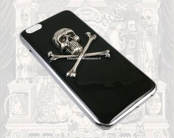 Skull and Crossbones Galaxy and Iphone Case Inlaid in Hand Painted Black Enamel Gothic Victorian Phone Cover with Color Options Available