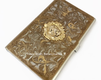 Lions Head Business Card Case Inlaid in Hand Painted Gold Swirl Design Metal Wallet Neo Victorian Leo Personalize and Color Options