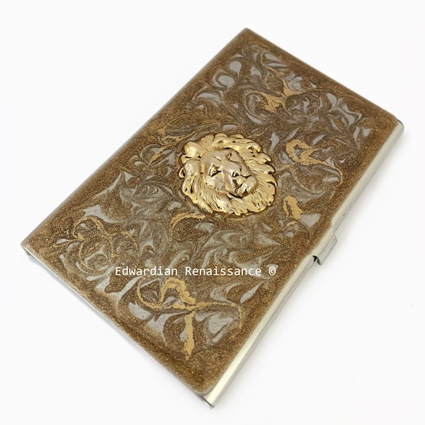 Lions Head Business Card Case Inlaid in Hand Painted Gold Swirl Design Metal Wallet Neo Victorian Leo Personalize and Color Options