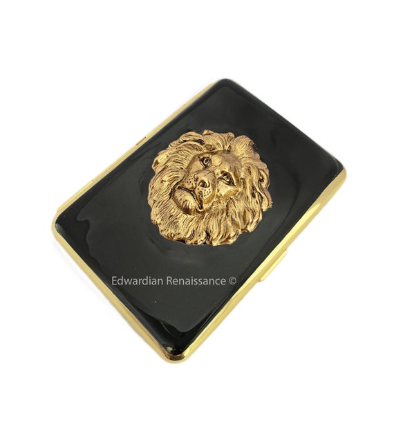 Lion Head Gold Cigarette Case in Hand Painted Black Enamel 