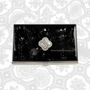 Hand Painted Quatrefoil Business Card Case: Black Enamel Silver Splash