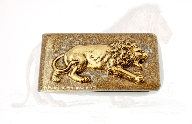 Prowling Lion Money Clip Inlaid in Hand Painted Gold Swirl Enamel Neoclassic Design Money Holder Custom Colors and Personalized Options