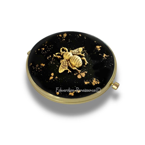 Specchio compatto Queen Bee intarsiato in smalto nero dipinto a mano con schizzi dorati Design neo vittoriano con opzioni personalizzate e di colore