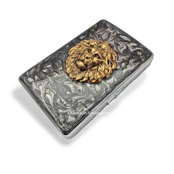 Antique Gold Lion Metal Cigarette Case Inlaid in Hand Painted Gray Swirl Enamel Neo Victorian Leo Custom Engraved and Personalized Options