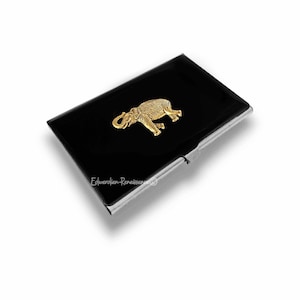 Porta biglietti da visita in oro antico con elefante intarsiato in smalto nero dipinto a mano, ispirato all'Art Déco Safai, opzioni di colore e personalizzazione