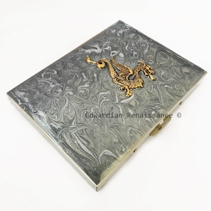 Dragon Cigarette Case Inlaid in Hand Painted Glossy Silver Swirl Enamel Medieval Fantasy Inspired with Personalized and Color Options