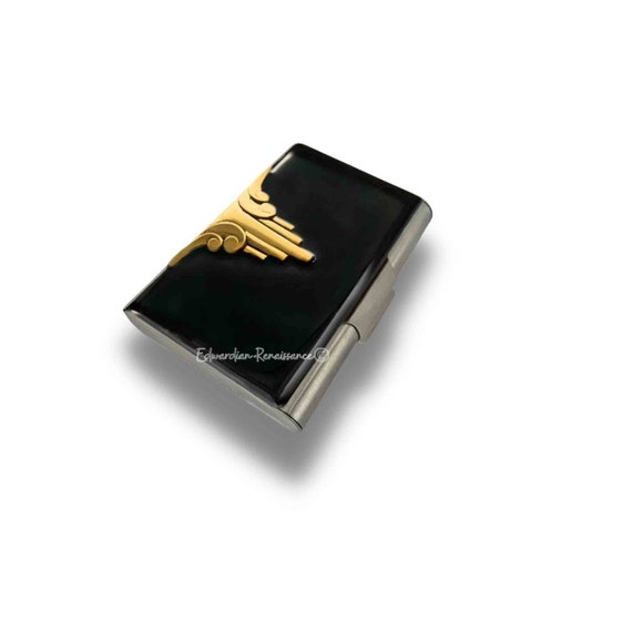 Art Deco Large Business Card Case Inlaid in Black Enamel Vintage