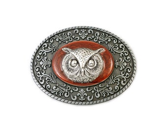 Antique Silver Owl Head Belt Buckle Inlaid in Hand Painted Metallic Copper Enamel Neo Victorian Inspired with Color Options