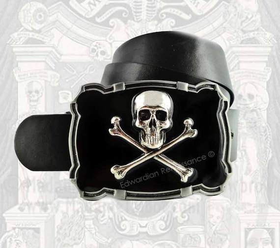 Belt Buckle Silver and Black Skeleton Skull red eyes crossbones with Snakes
