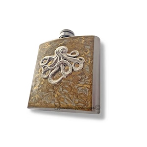 Octopus Flask: Antique Silver Kraken, Hand-Painted Gold Swirl