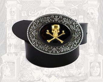 Steampunk Skull & Crossbones Belt Buckle: Black Onyx Enamel, Custom Colors