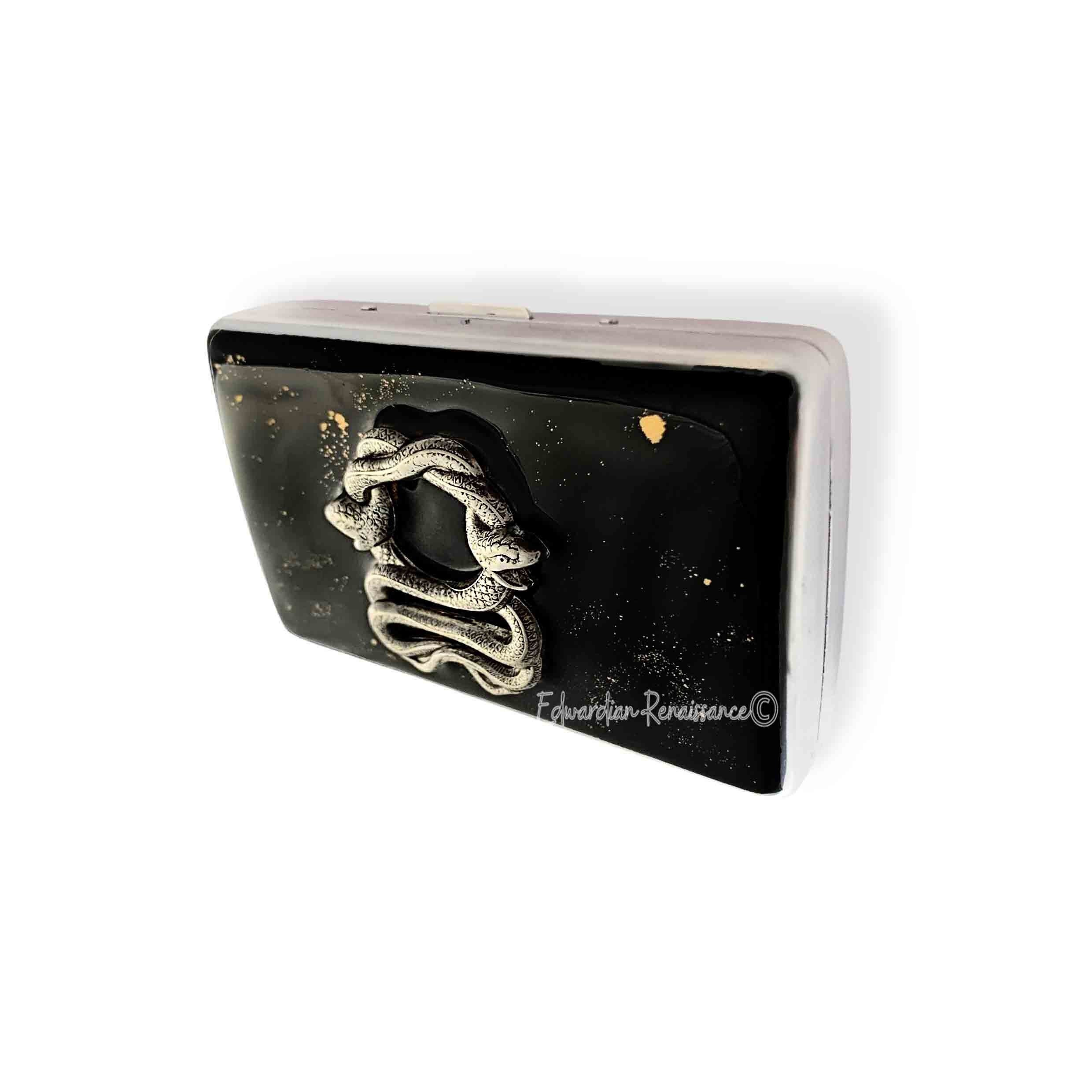 Hand Painted Serpent Cigarette Case: Art Deco Snake Metal Wallet