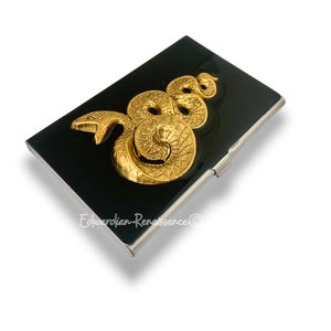 Caja de tarjeta de serpiente de oro antiguo con incrustaciones de serpiente gótica victoriana de esmalte negro brillante pintada a mano con opciones personalizadas y de color