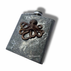 Octopus Flask: Hand Painted Metallic Silver Swirl Enamel, Personalized Kraken Nautical Style