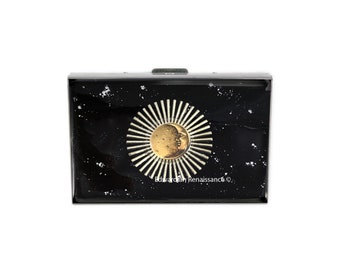 Celestial Credit Card Wallet Inlaid in Hand Painted Black with Silver Splash Enamel Art Deco with Personalized and Color Options