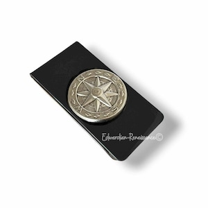 Antique Silver Compass Money Clip: Hand Painted Enamel, Personalized