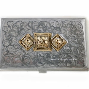 Art Deco Card Case: Hand-Painted Silver Swirl Enamel, Personalized