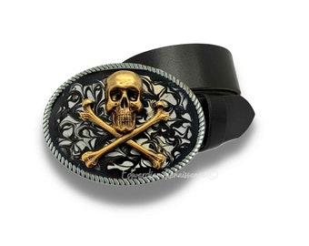 Antique Gold Skull and Crossbones Belt Buckle Inlaid in Hand Painted Black Ink Swirl Enamel Gothic Design with Color and Belt Strap Options