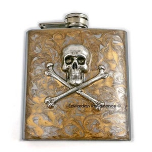 Skull & Crossbones Flask: Hand-Painted Gold Swirl, Steampunk Style
