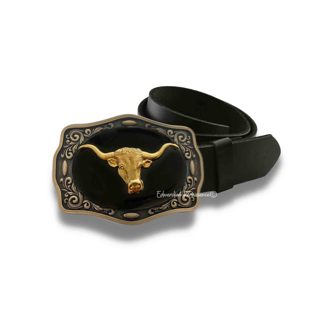 Antique Gold Longhorn Bull Belt Buckle: Hand Painted Western  display picture 3