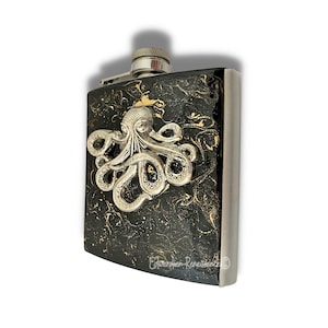Antique Silver Octopus Flask: Hand Painted Neo Victorian Kraken