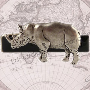 Antique Silver Rhino Tie Clip in Hand Painted Black Enamel Neo Classic Safari Inspired Tie Accent with Tie Pin and Cufflink Set Option