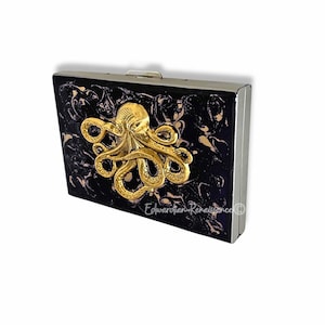 Porte-cartes de crédit Octopus doré antique peint à la main en noir avec boîtier en métal sécurisé RFID émail tourbillonnant et options de couleur et de personnalisation