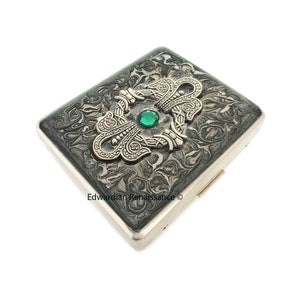 Art Nouveau Pill Box: Green Jewel, Hand Painted Enamel, Personalized Option