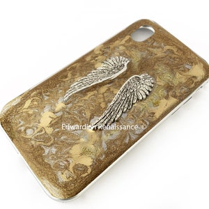 Angel Wings Phone Case for Galaxy or Iphone Inlaid in Hand Painted Gold Swirl Enamel Art Nouveau Design 360 Protection with Color Options