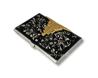 Art Deco Business Card Case Inlaid in Hand Painted Black Ink Swirl Enamel Geometric Design  with Personalized and Color Options