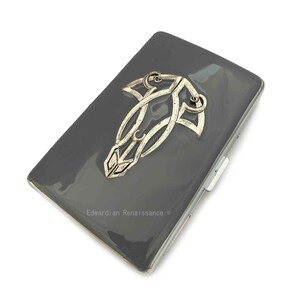 Art Nouveau Cigarette Case in Hand Painted Glossy Gray Enamel Gatsby Inspired with Personalized and Color Options