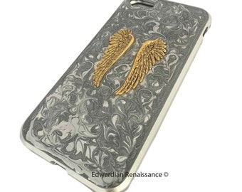 Angel Wings Phone Case for Galaxy or Iphone Inlaid in Hand Painted Silver Swirl Enamel Art Nouveau Design 360 Protection with Color Options