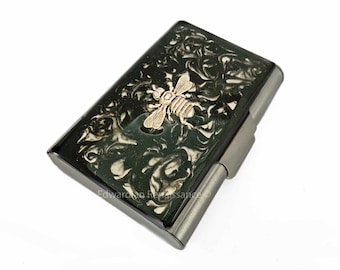 Queen Bee Large Business Card Case Inlaid in Black Ink Swirl Enamel Art Deco Design Personalized and Color Options Available