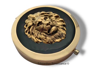 Antique Gold Lion Pill Box: Hand Painted Enamel Compact Mirror