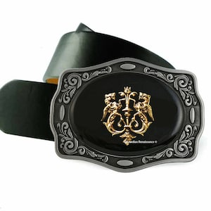 Golden Dragons Crest Belt Buckle Inlaid in Hand Painted Black Onyx Enamel Medieval Style with Color Options