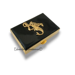 Antique Gold Mermaid Pill Case Inlaid in Hand Painted Glossy Black Enamel Vintage Nautical Style with Personalized and Color Options