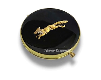 Espejo compacto Fox Run: acabado en oro antiguo, esmalte pintado a mano, opción de personalización.