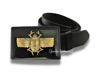 Antique Gold Scarab Belt Buckle inlaid in Hand Painted Black Enamel Art Deco Egyptian Beetle with Assorted Color Options