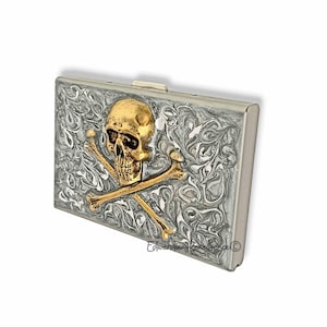 Totenkopf Kreditkarten Brieftasche RFID-Blocker Eingelegt in Hand bemalt Silber Swirl Email 3D Design Personalisieren und Farboptionen