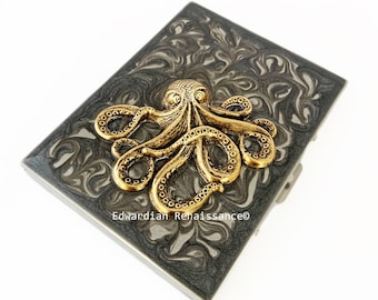 Antiek gouden octopus-sigarettenkoker, handgeschilderd email, gepersonaliseerd
