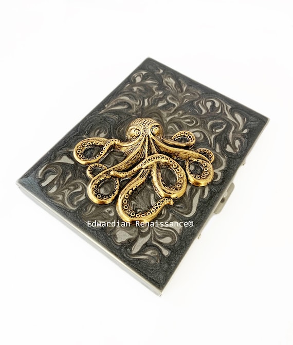 Antique Gold Octopus Cigarette Case, Hand Painted Enamel, Personalized