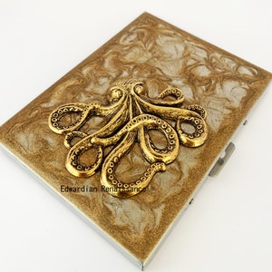 Octopus Cigarette Case Inlaid in Hand Painted Metallic Gold Swirl Enamel Neo Victorian Kraken with Personalized and Color Options