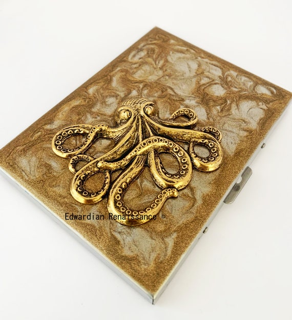 octopus cigarette case Antique Silver Case, Hand-painted Turquoise Swirl ash tray Octopus Cigarette Case, Gold Swirl