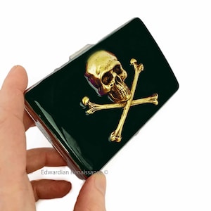 Gold Skull and Crossbones Metal Cigarette Case in Hand Painted Black with Silver Splash Enamel Gothic Victorian with Personalized Options