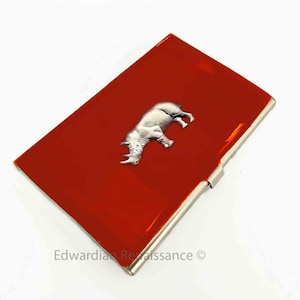 Rhino Card Case Inlaid in Hand Painted Red Enamel Neo Victorian Rhinoceros Case with Colors and Personalized Option