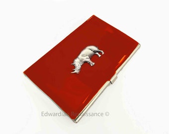 Rhino Card Case Inlaid in Hand Painted Red Enamel Neo Victorian Rhinoceros Case with Colors and Personalized Option